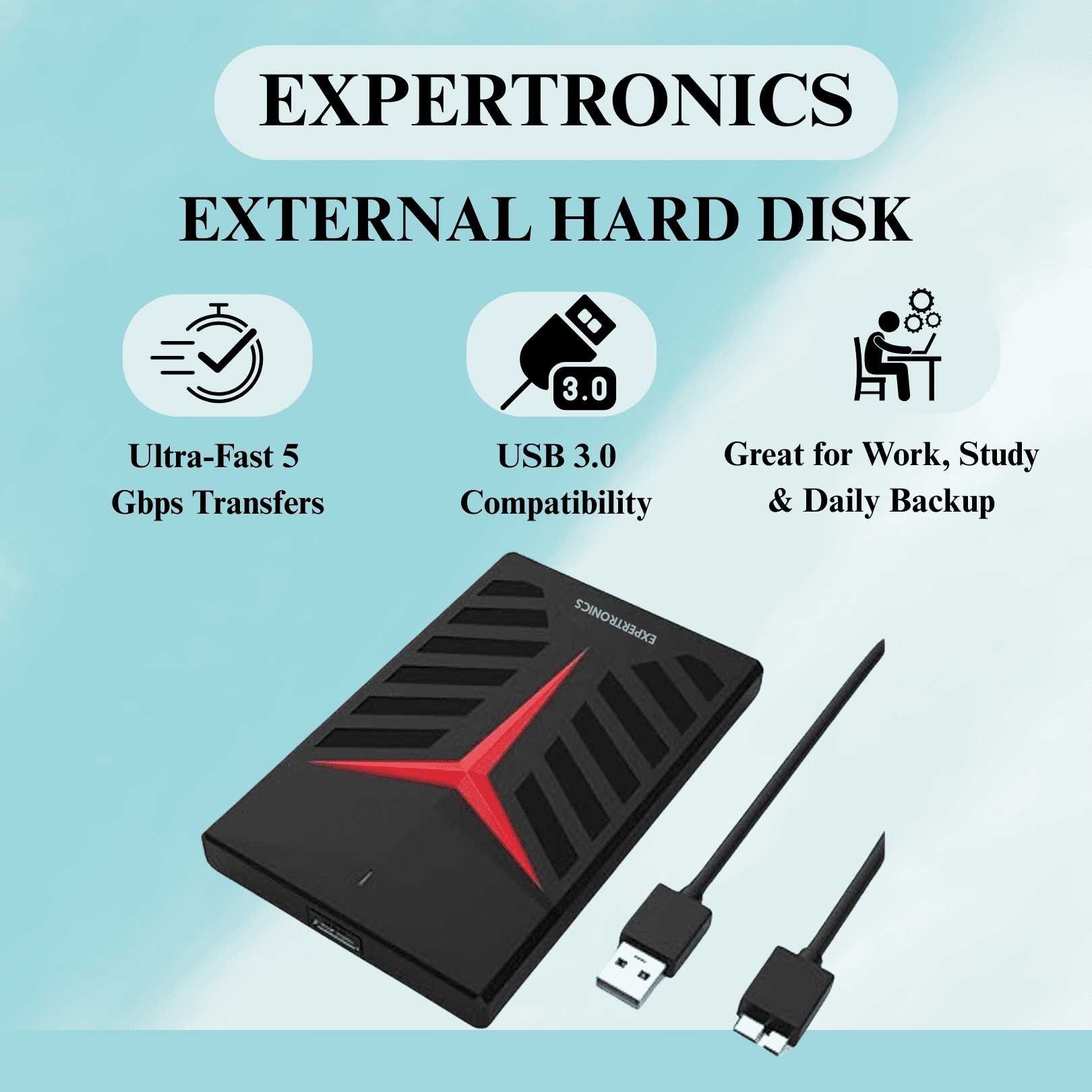 EXPERTRONICS External Hard Disk β Ultra Slim USB 3.0 HDD with LED Indicator β High-Speed Drive for Laptop, PC, Mac β Compatible with Windows/macOS/Linux (Black) β 1 Year Warranty - Image 2